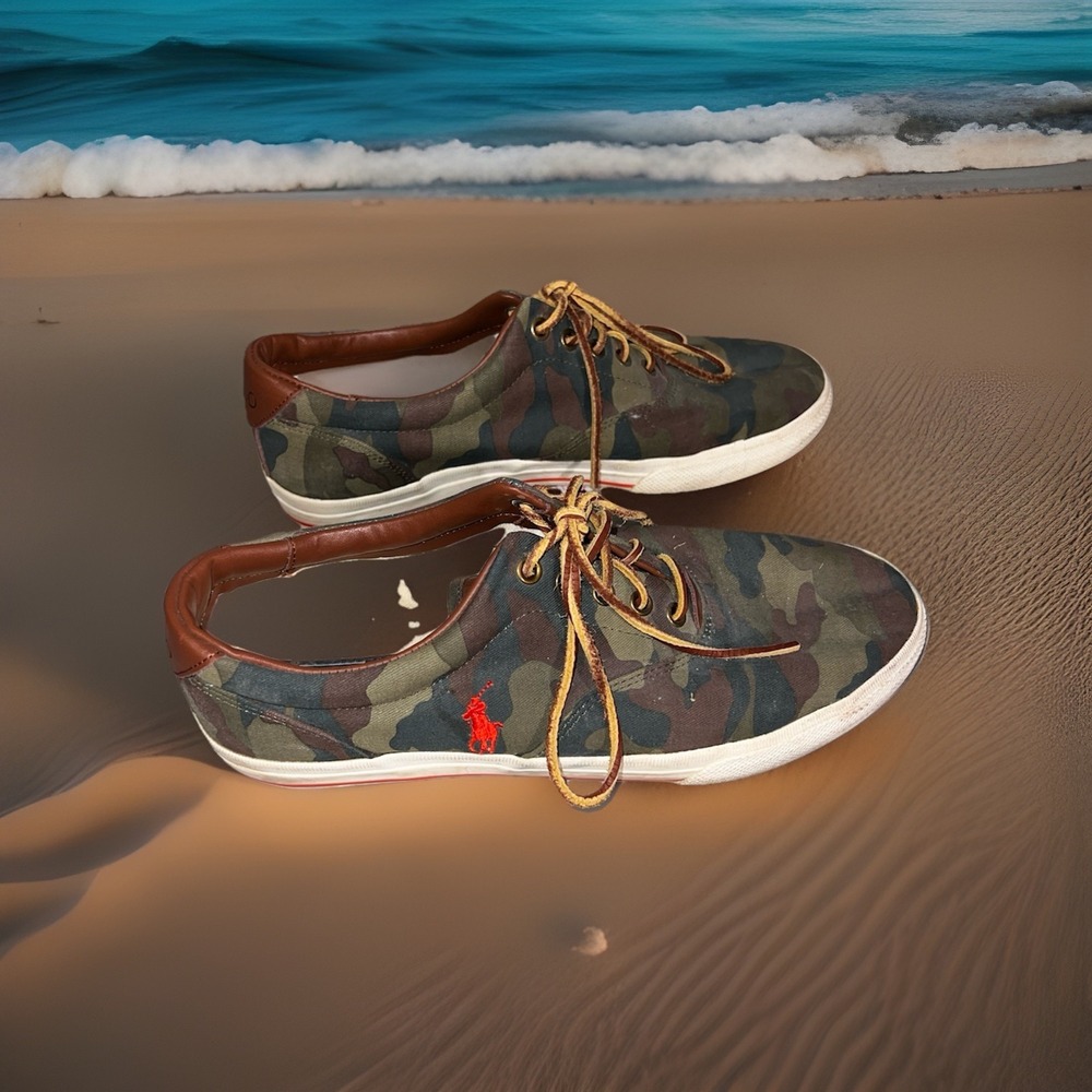 Polo Ralph Lauren Boat Shoes Leather Canvas 10.5D  Vaughn Camo Print Loafers Men